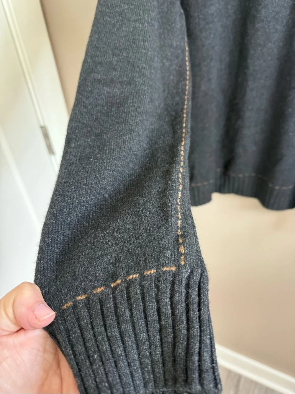 Saks Fifth Avenue Cashmere Wool 1/4 Zip Sweater Charcoal Tan Stitching Men's XXL